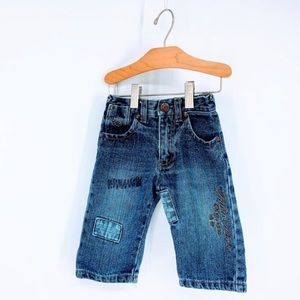 FUBU Y2K Jeans Vintage Streetwear Wide Leg Ankle Denim Blue Distressed Patches